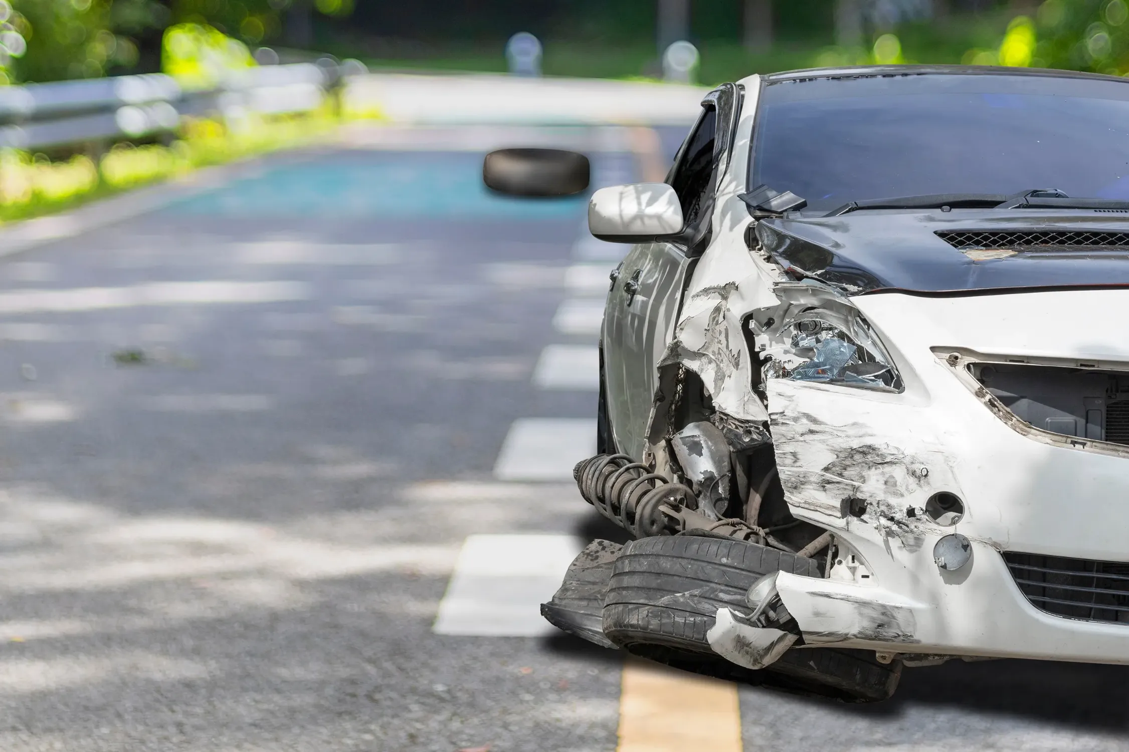 Damaged white car with a crushed front end parked on a road, illustrating the aftermath of a car accident.